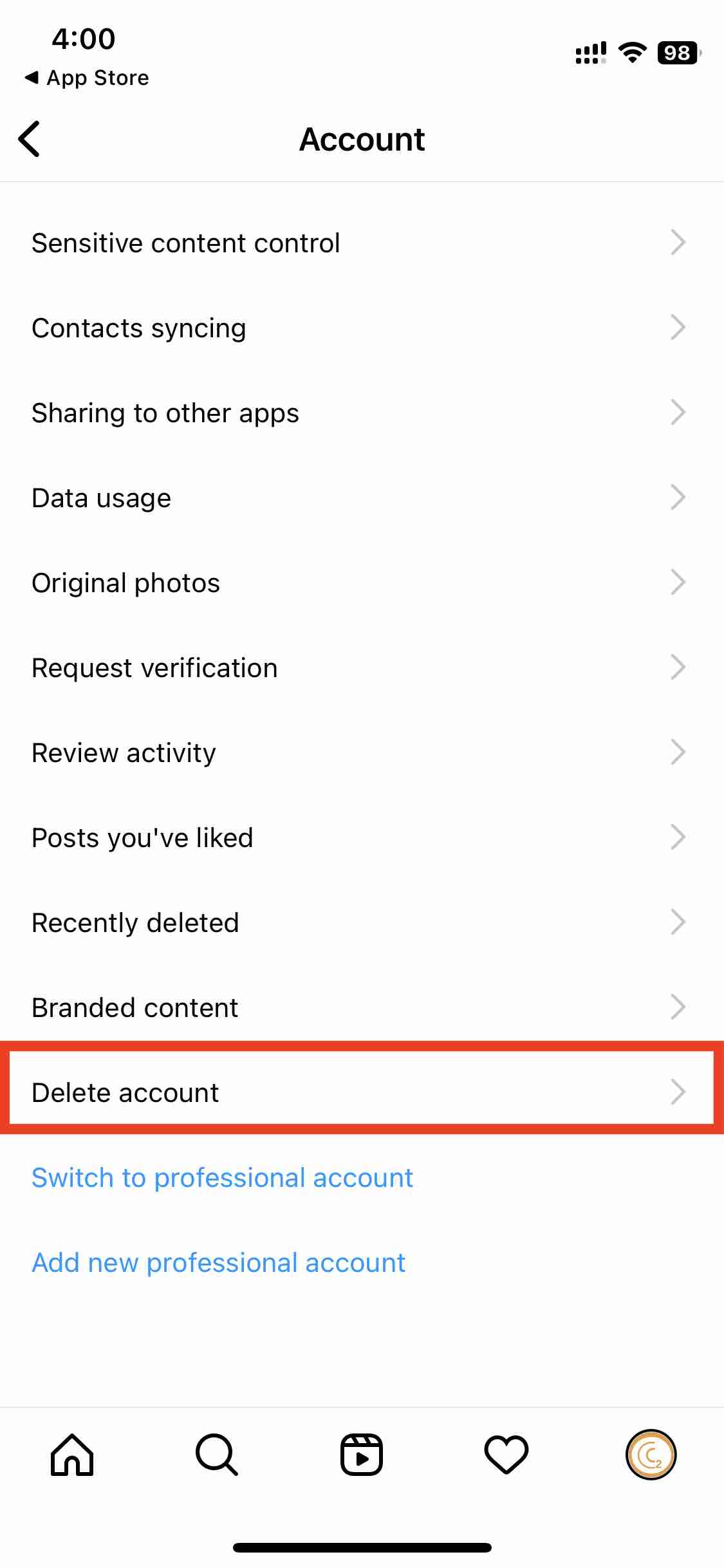 Select Delete Account on Instagram Mobile App